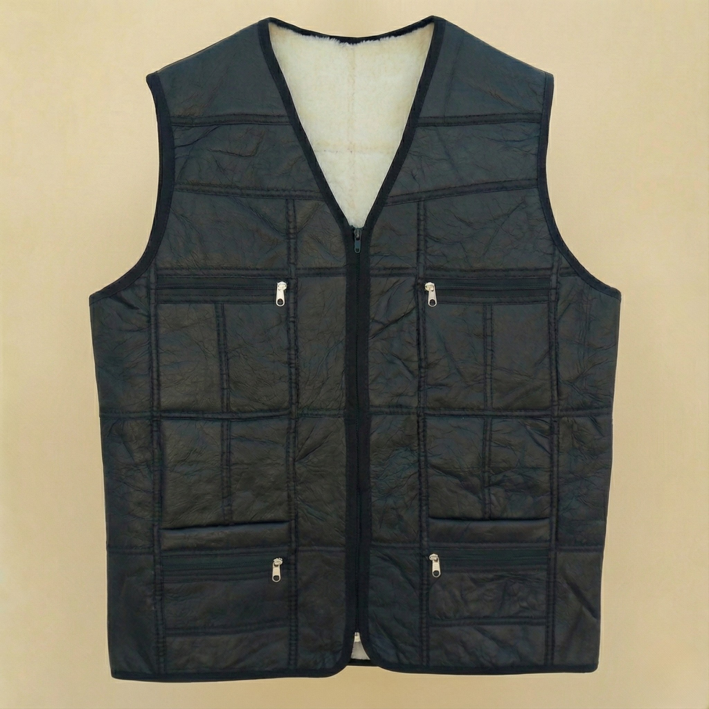 Hakiki Deri Kürklü Siyah Yelek - Klasik Kesim