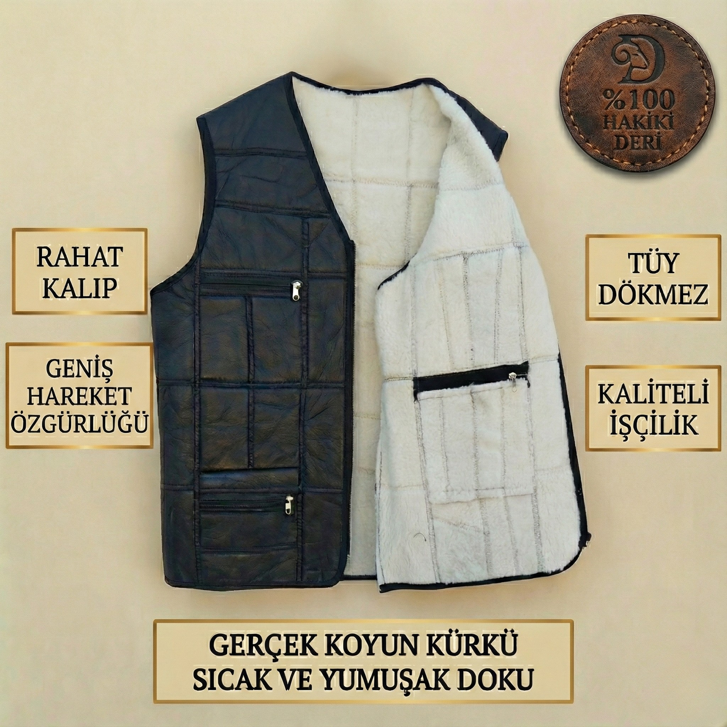 Hakiki Deri Kürklü Siyah Yelek - Klasik Kesim