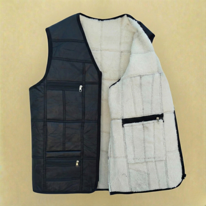 Hakiki Deri Kürklü Siyah Yelek - Klasik Kesim