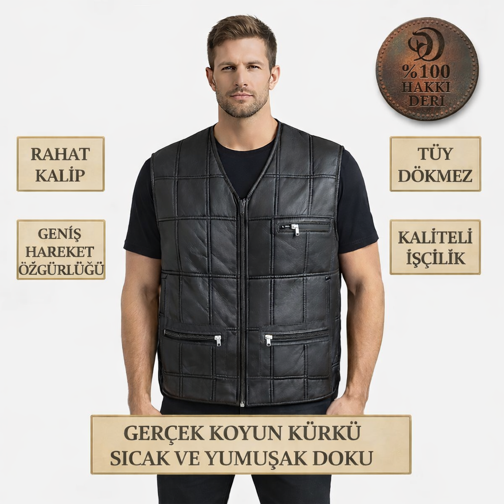 Hakiki Deri Kürklü Kahverengi Yelek - Klasik Kesim 6 Adet Cep