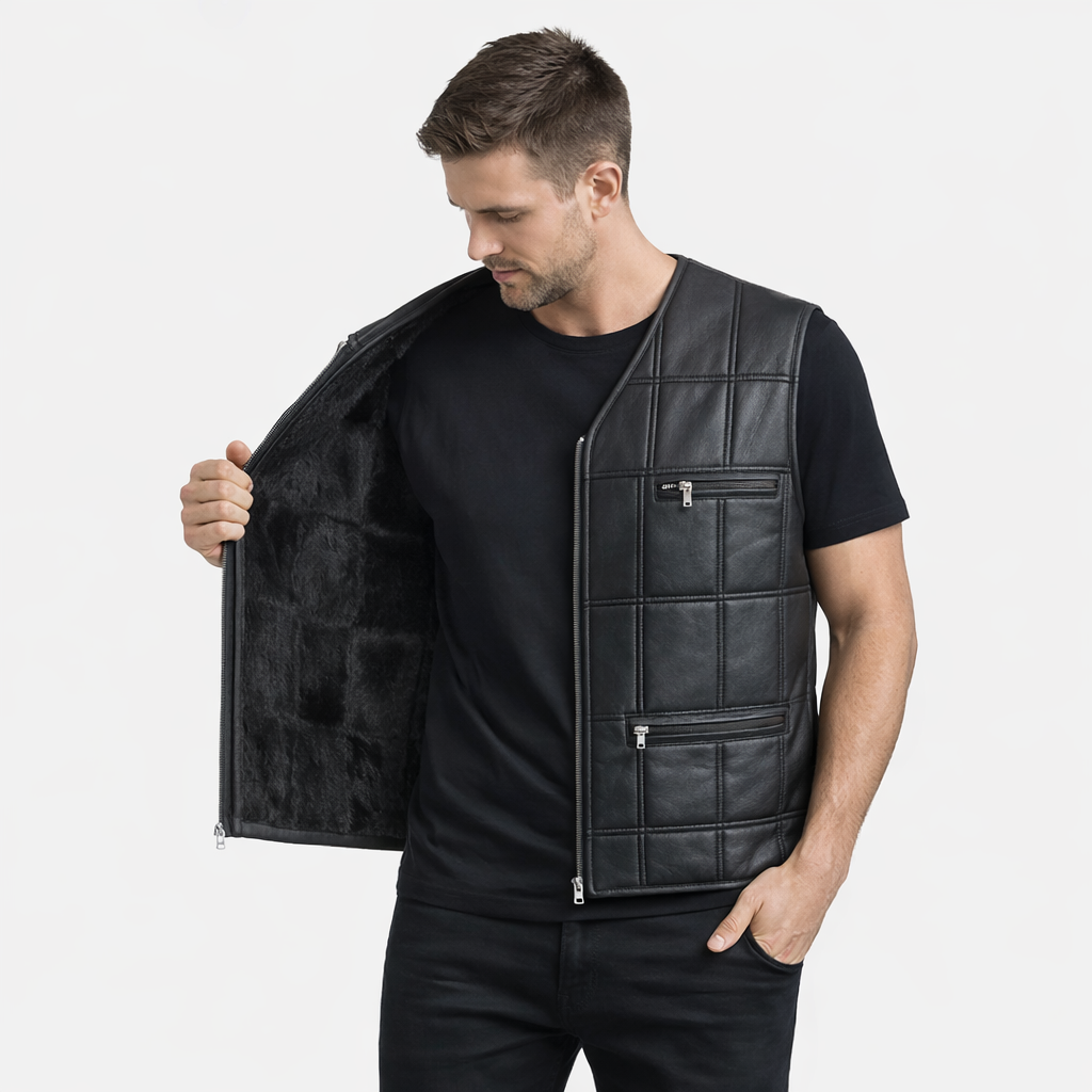 Hakiki Deri Kürklü Kahverengi Yelek - Klasik Kesim 6 Adet Cep