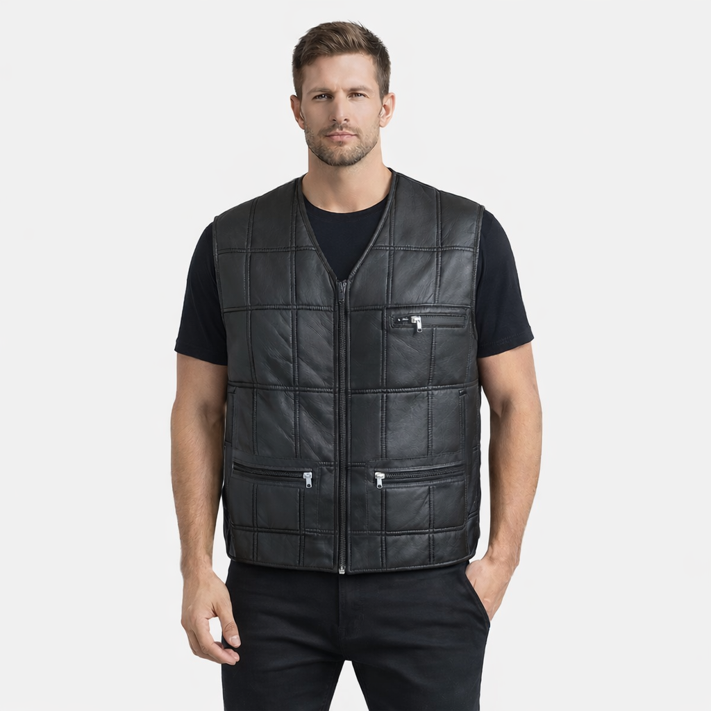 Hakiki Deri Kürklü Kahverengi Yelek - Klasik Kesim 6 Adet Cep